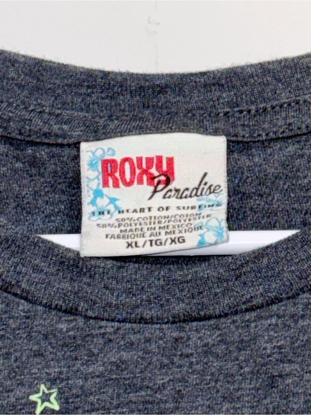 VTG Y2K Roxy Paradise Graphic Tee Dark Heather Grey Surf Baby Tee XL - Picture 3 of 3